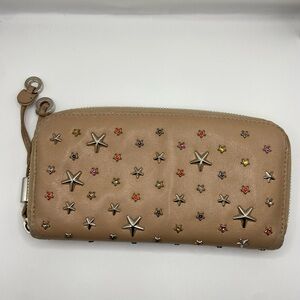 JIMMY CHOO Star Studded Zip Around Tan Leather Wallet